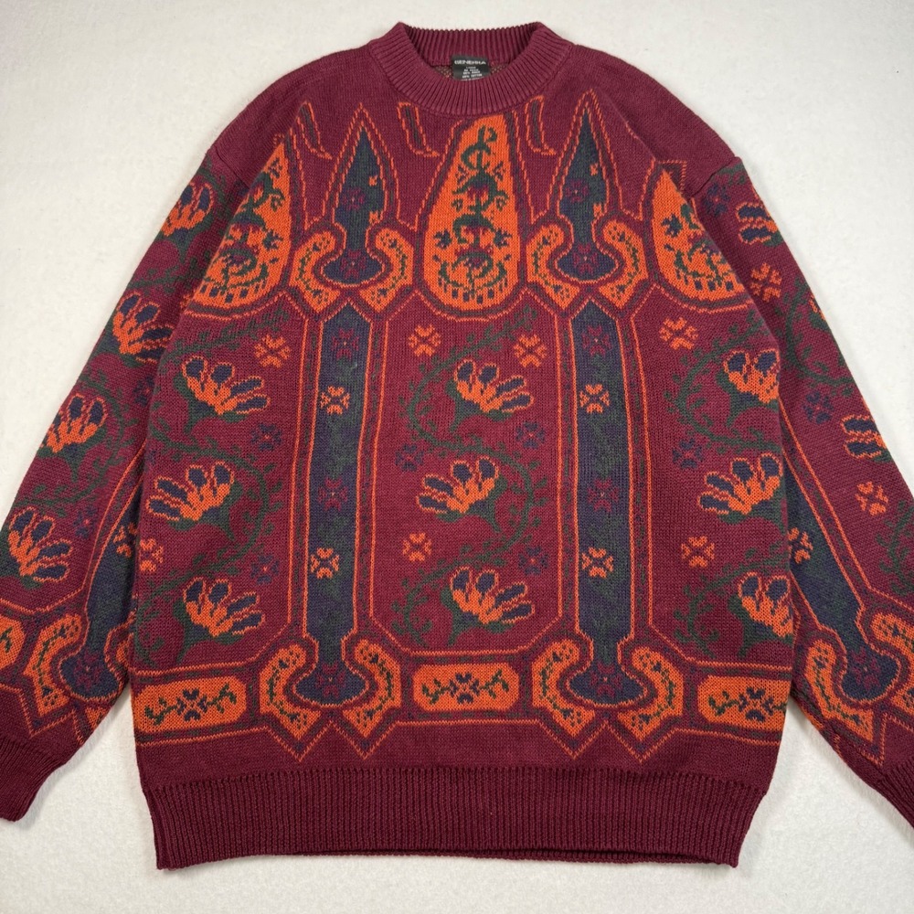 Vintage Generra Mens Large Burgundy Paisley Floral Intarsia Knit Sweater Cotton